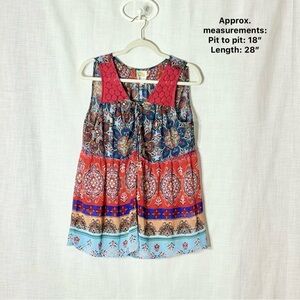 Fig & Flower Boho Paisley Medallion Print Sleeveless Tunic Top Lace Trim Size L